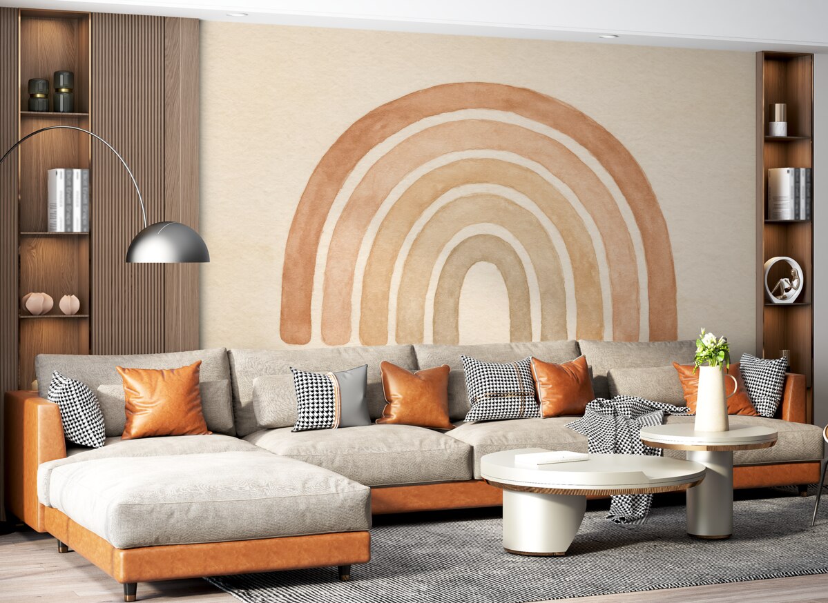 Fototapeta Tapeta w stylu boho: koralowa brzoskwinia, różowa paleta kolorów. Ściana w pastelowej tęczy w odcieniu różowym.