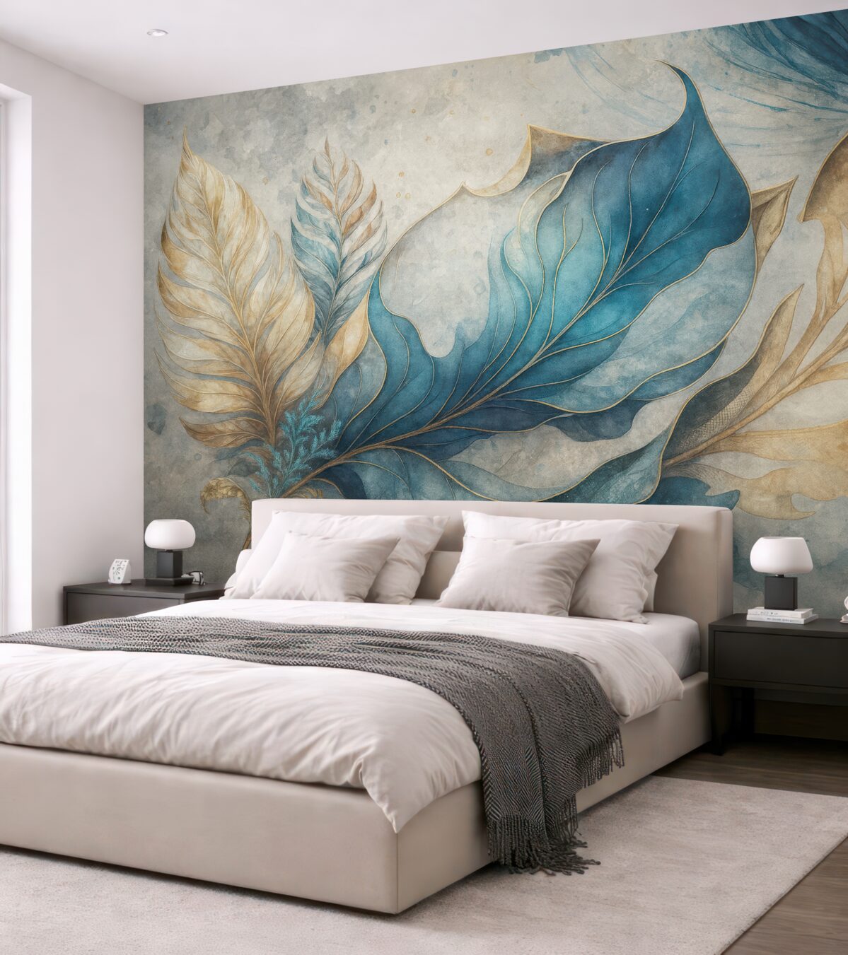 Fototapeta Wielkie akwarelowe rośliny na betonowej ścianie.