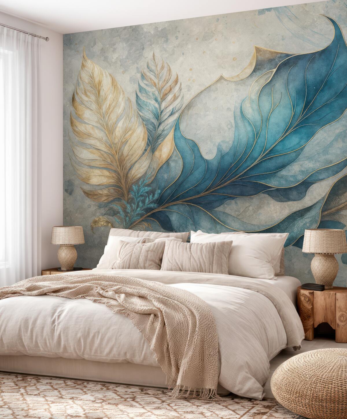 Fototapeta Wielkie akwarelowe rośliny na betonowej ścianie.