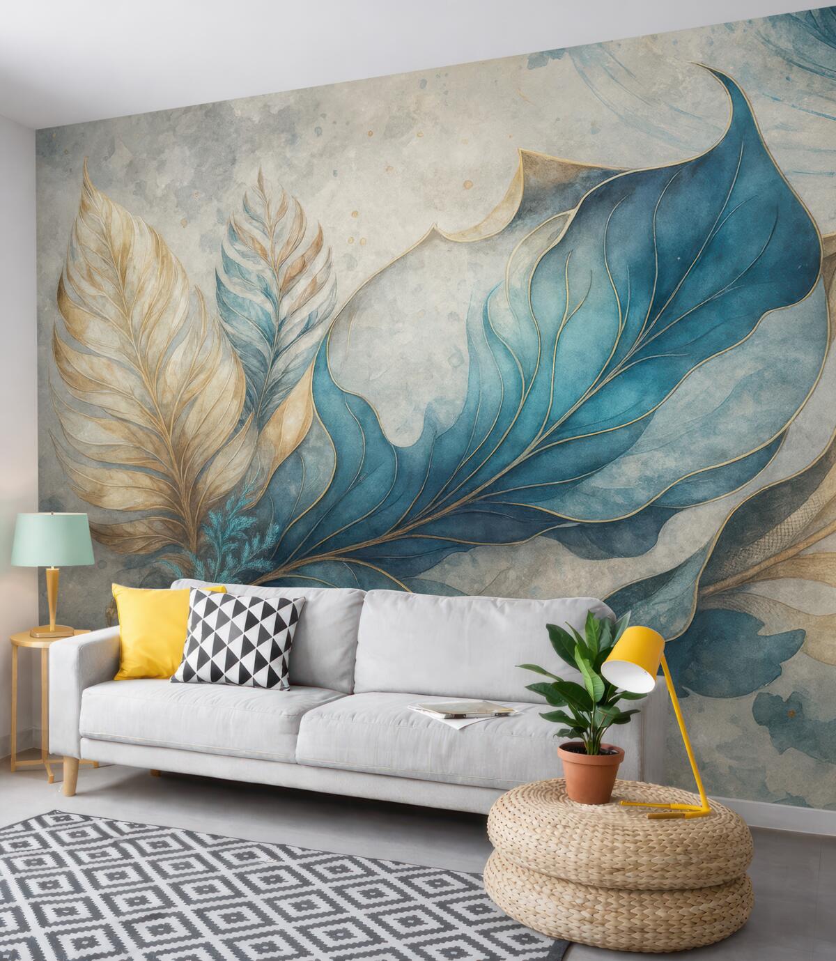 Fototapeta Wielkie akwarelowe rośliny na betonowej ścianie.