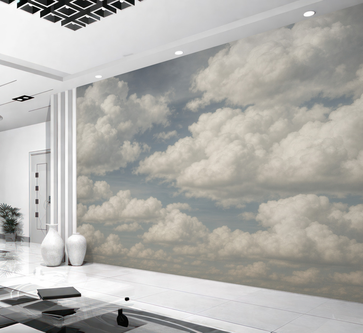 Fototapeta Białe chmury na szarym tle to nowy styl w aranżacji wnętrz.