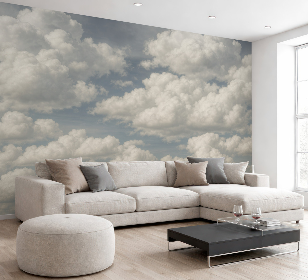 Fototapeta Białe chmury na szarym tle to nowy styl w aranżacji wnętrz.