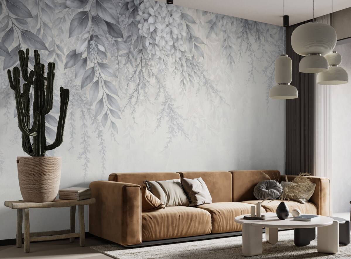 Fototapeta Srebrzyste liście z kwiatkami.