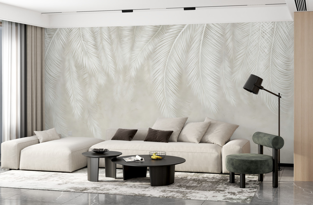 Fototapeta Białe delikatne liście palmowe z teksturą grunge.