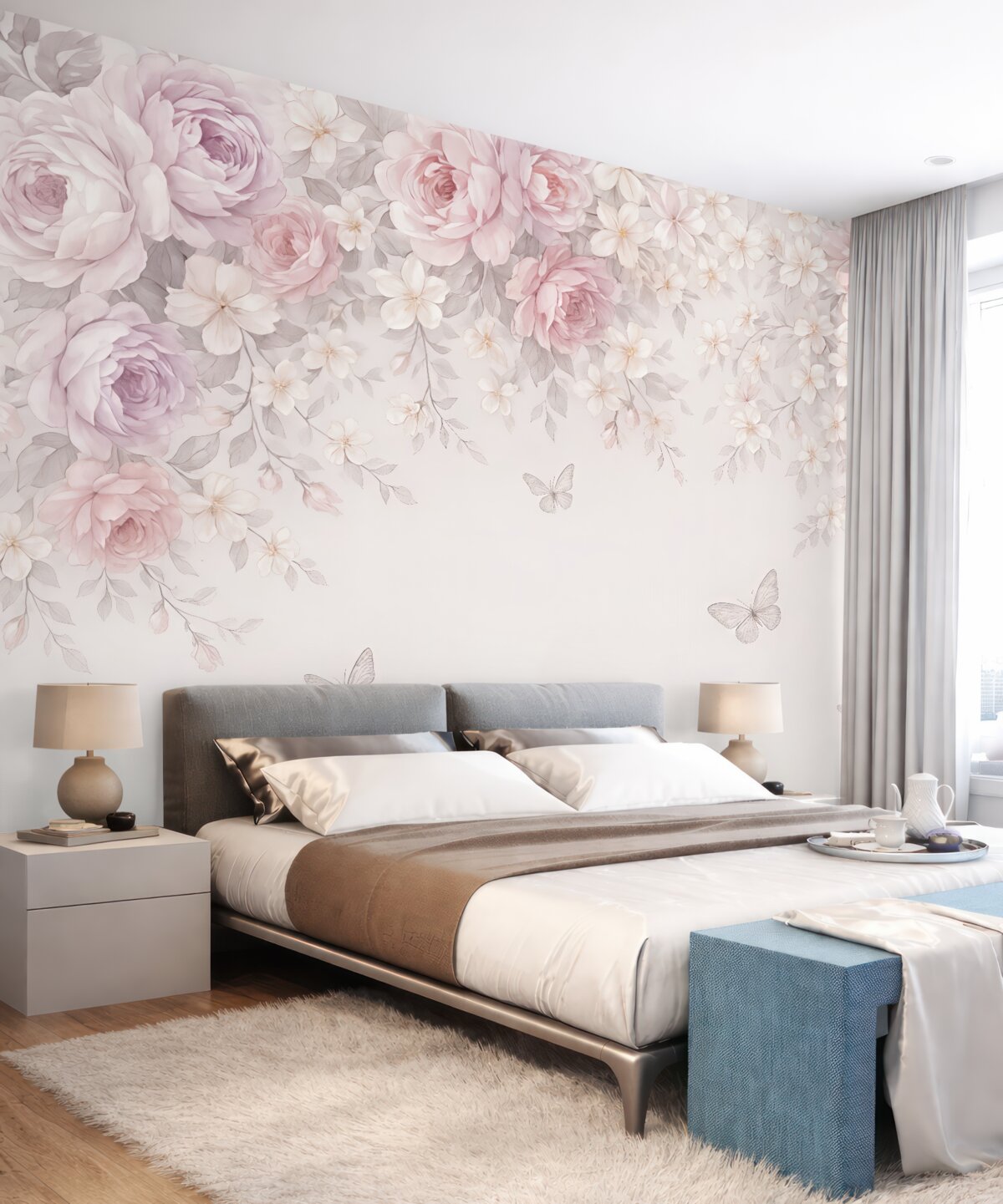 Fototapeta Ogród z biletami, w którym kwitną kwiaty i fruwają motyle.