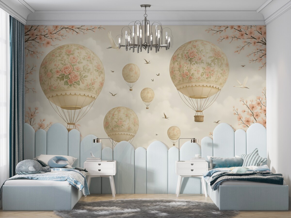 Fototapeta Baloniki w kwiatach i gałęziach wiśni.