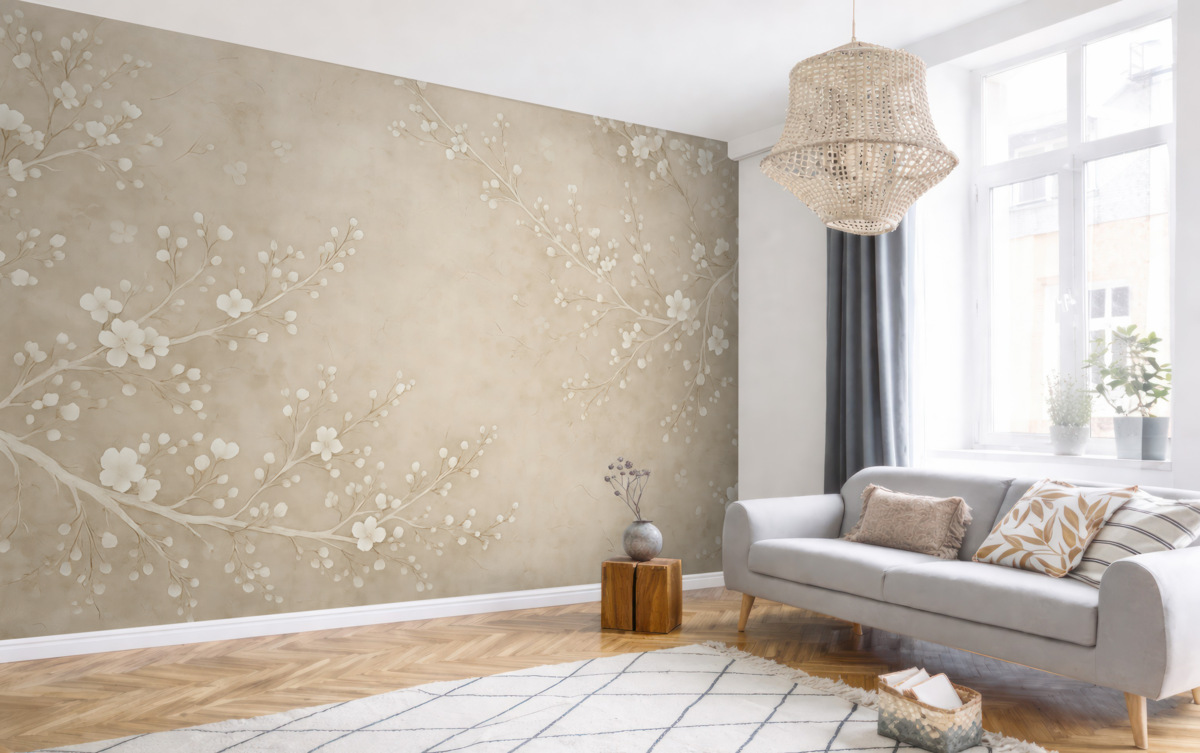 Fototapeta Białe delikatne gałązki oraz kwiaty.