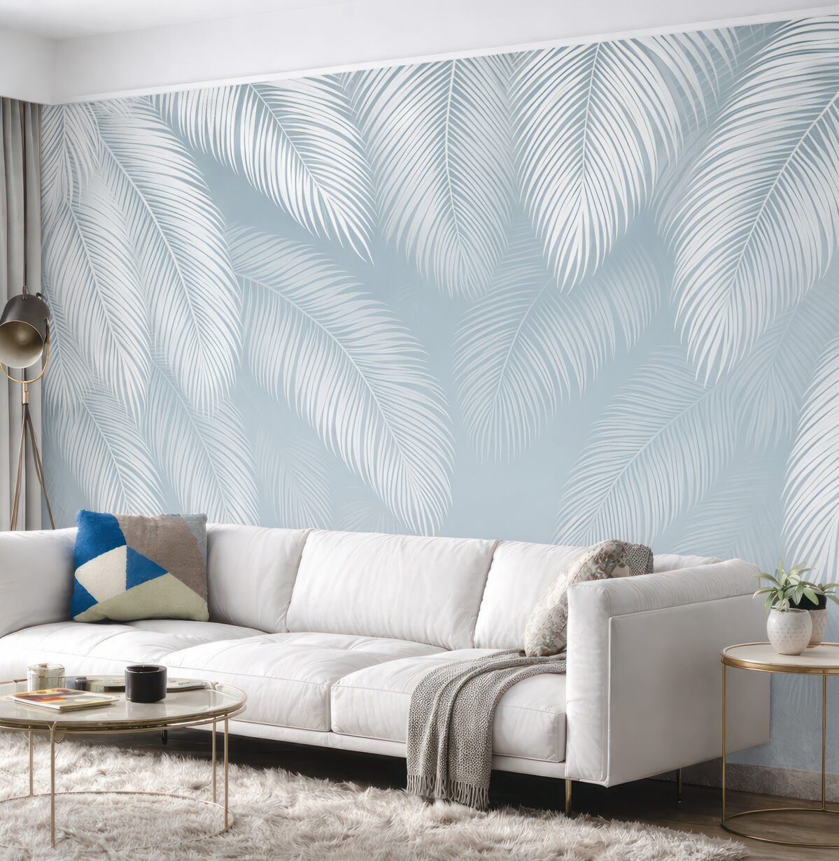 Fototapeta Białe i niebieskie liście palmowe z teksturą w stylu grunge.