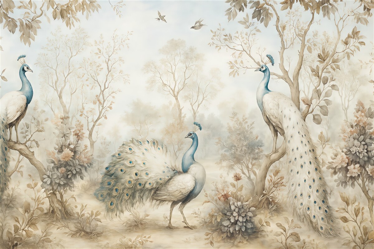 Fototapeta Chinoiserie Rośliny w chińskim stylu i pawie.