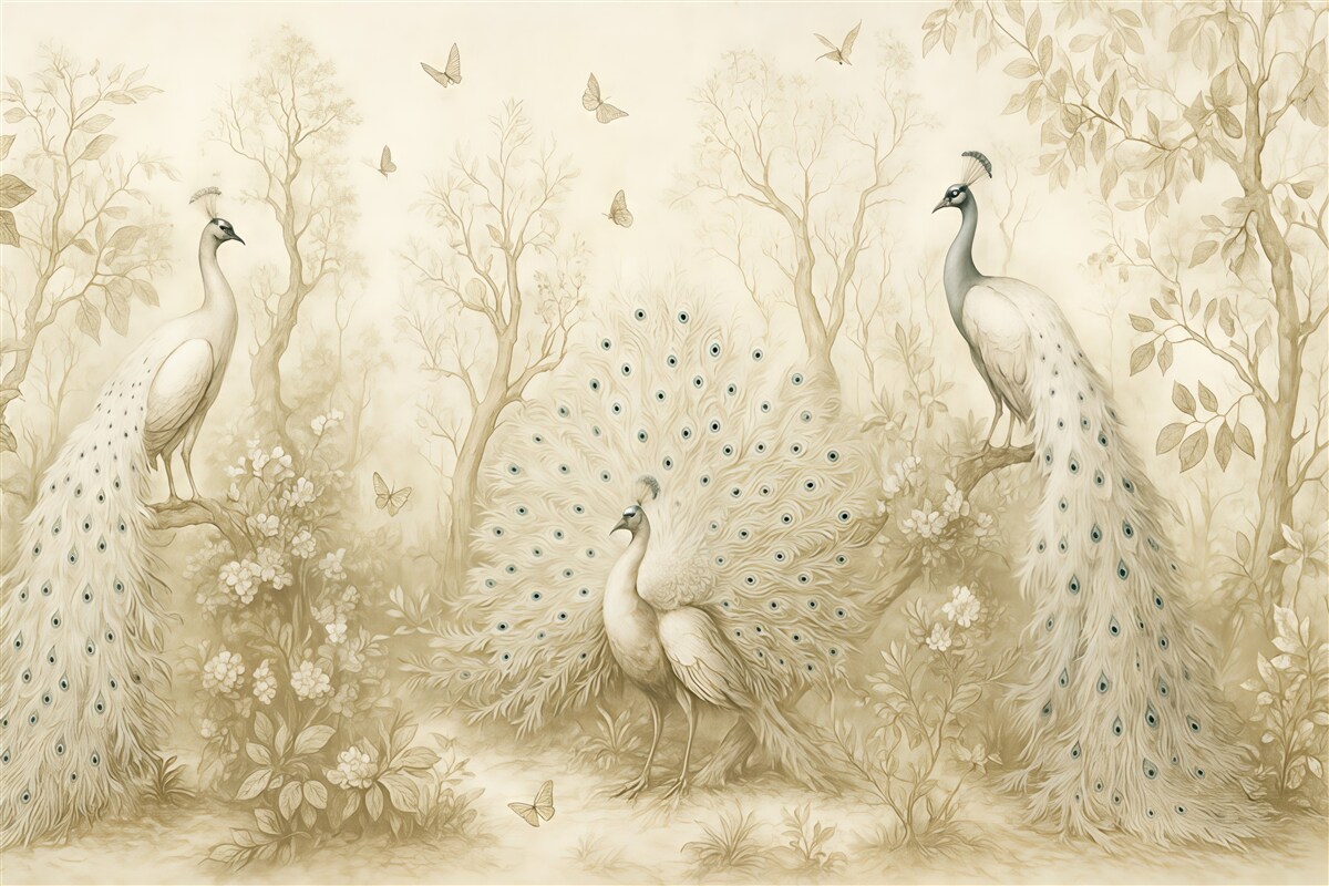Fototapeta Ogród z subtelnymi ptakami, pawimi.