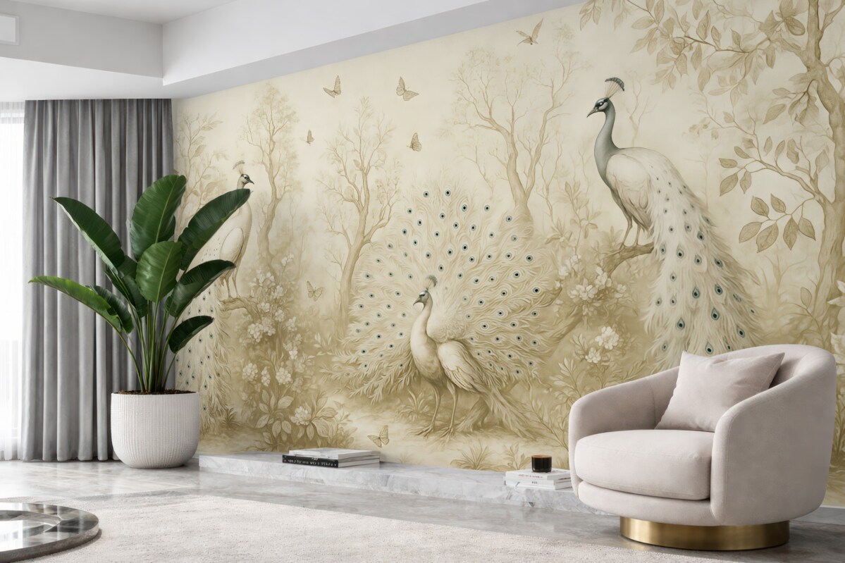 Fototapeta Ogród z subtelnymi ptakami, pawimi.