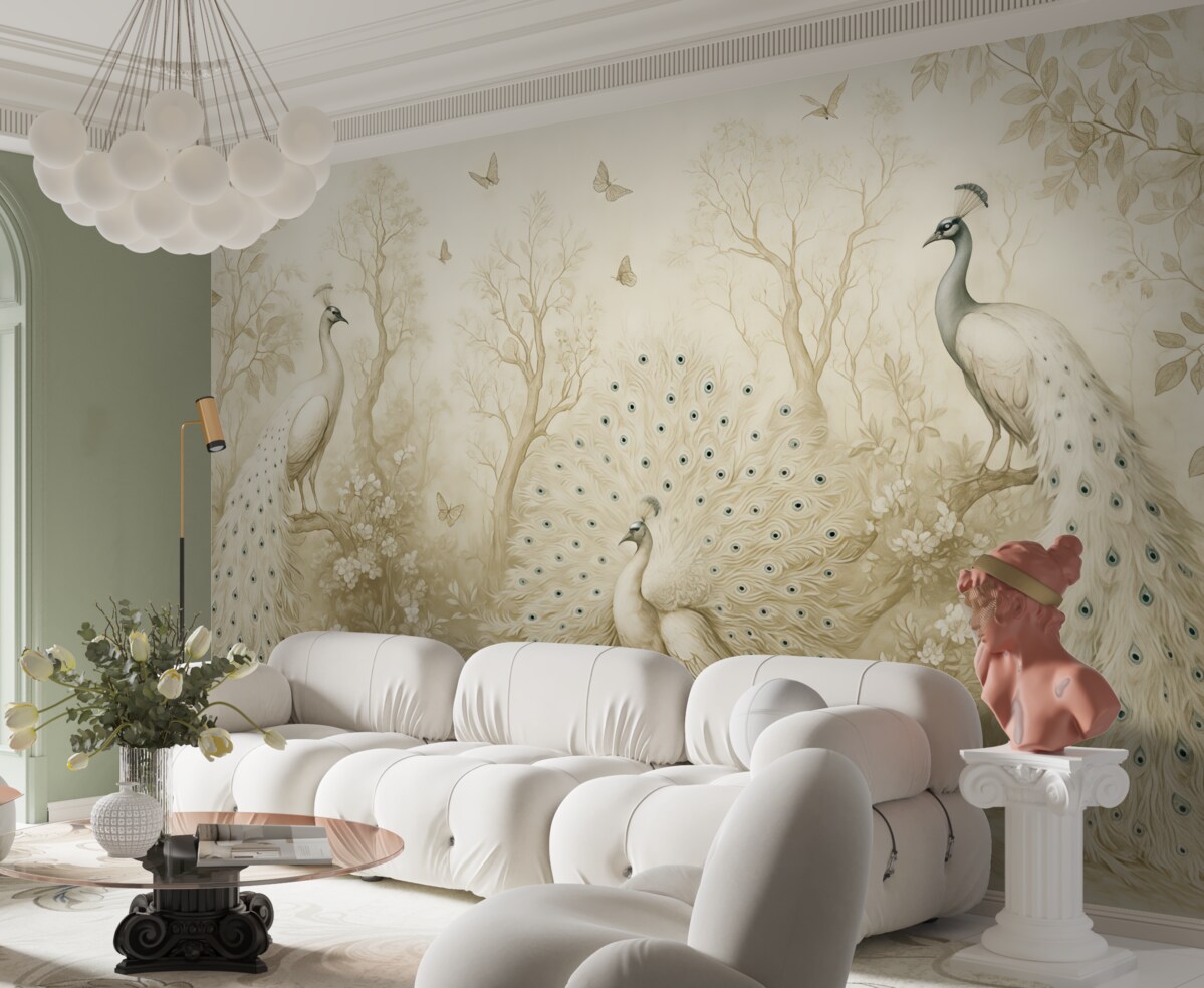 Fototapeta Ogród z subtelnymi ptakami, pawimi.