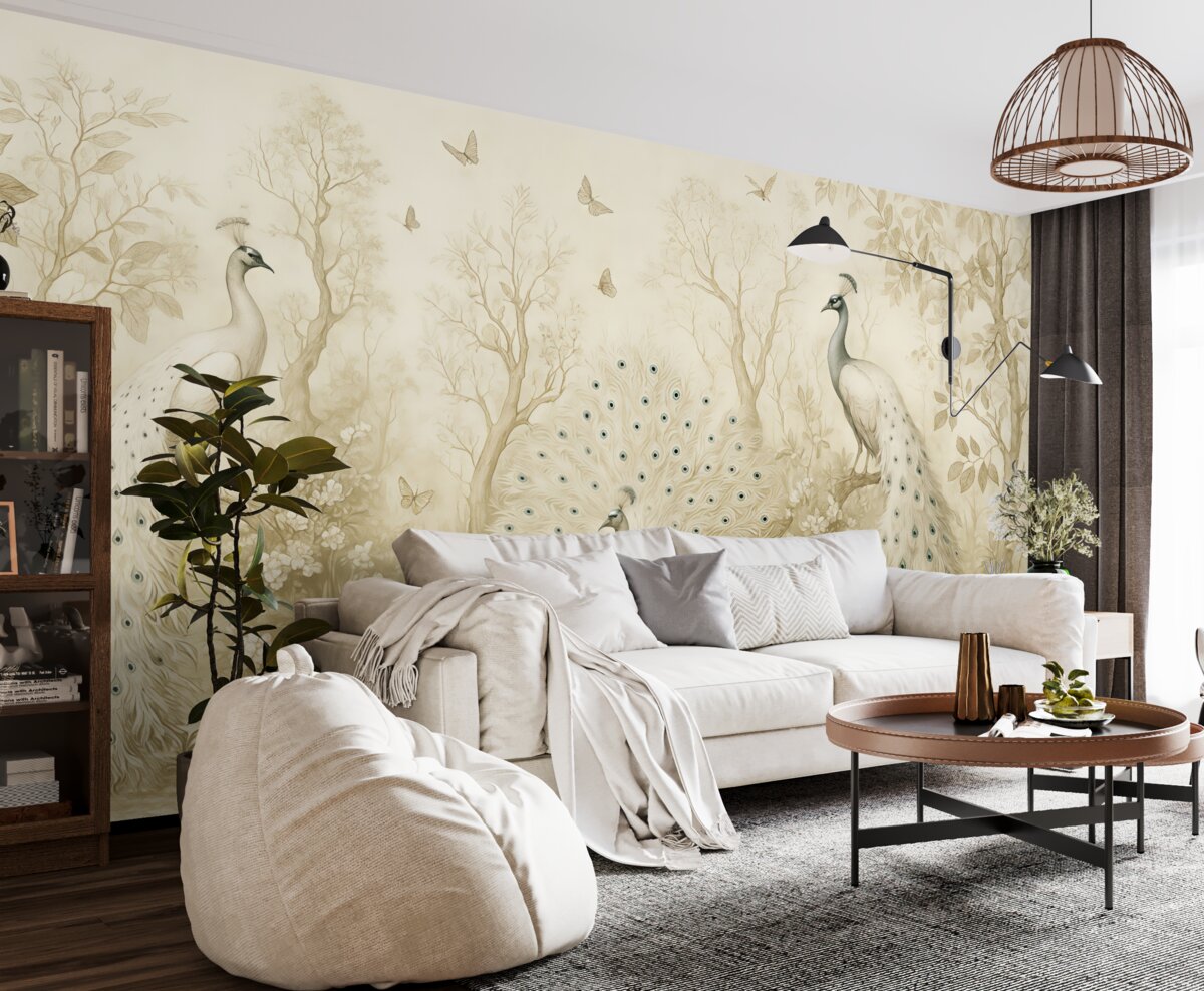 Fototapeta Ogród z subtelnymi ptakami, pawimi.