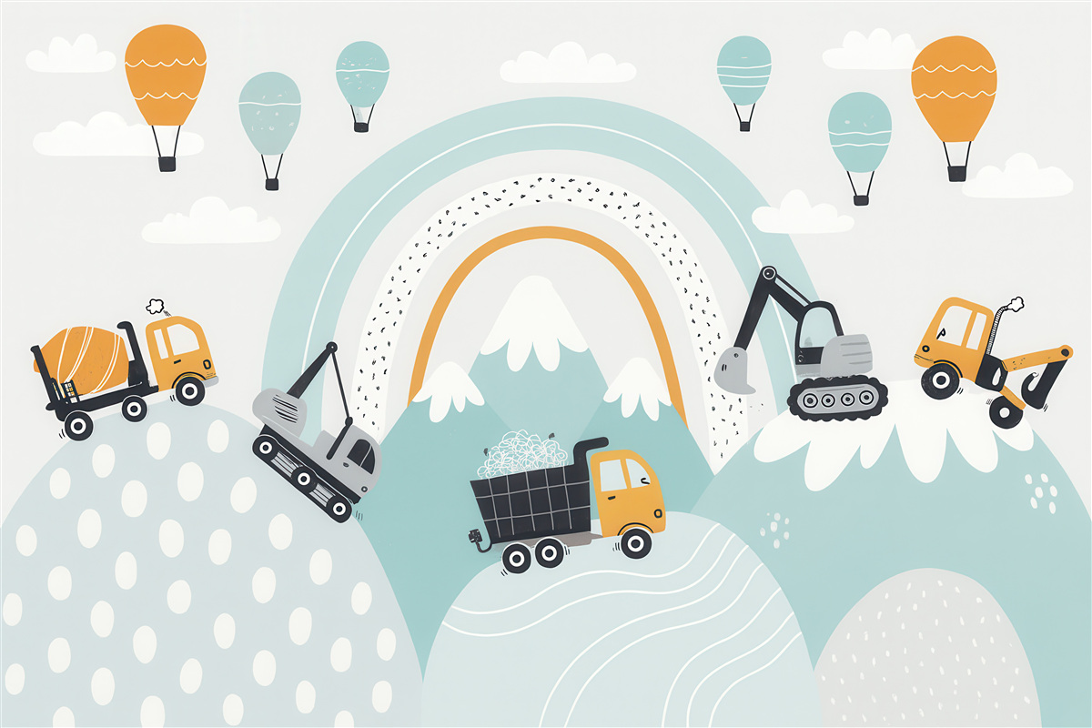 Fototapeta Pojazdy budowlane, pejzaż górski, balony oraz chmury w stylu nordyckim.