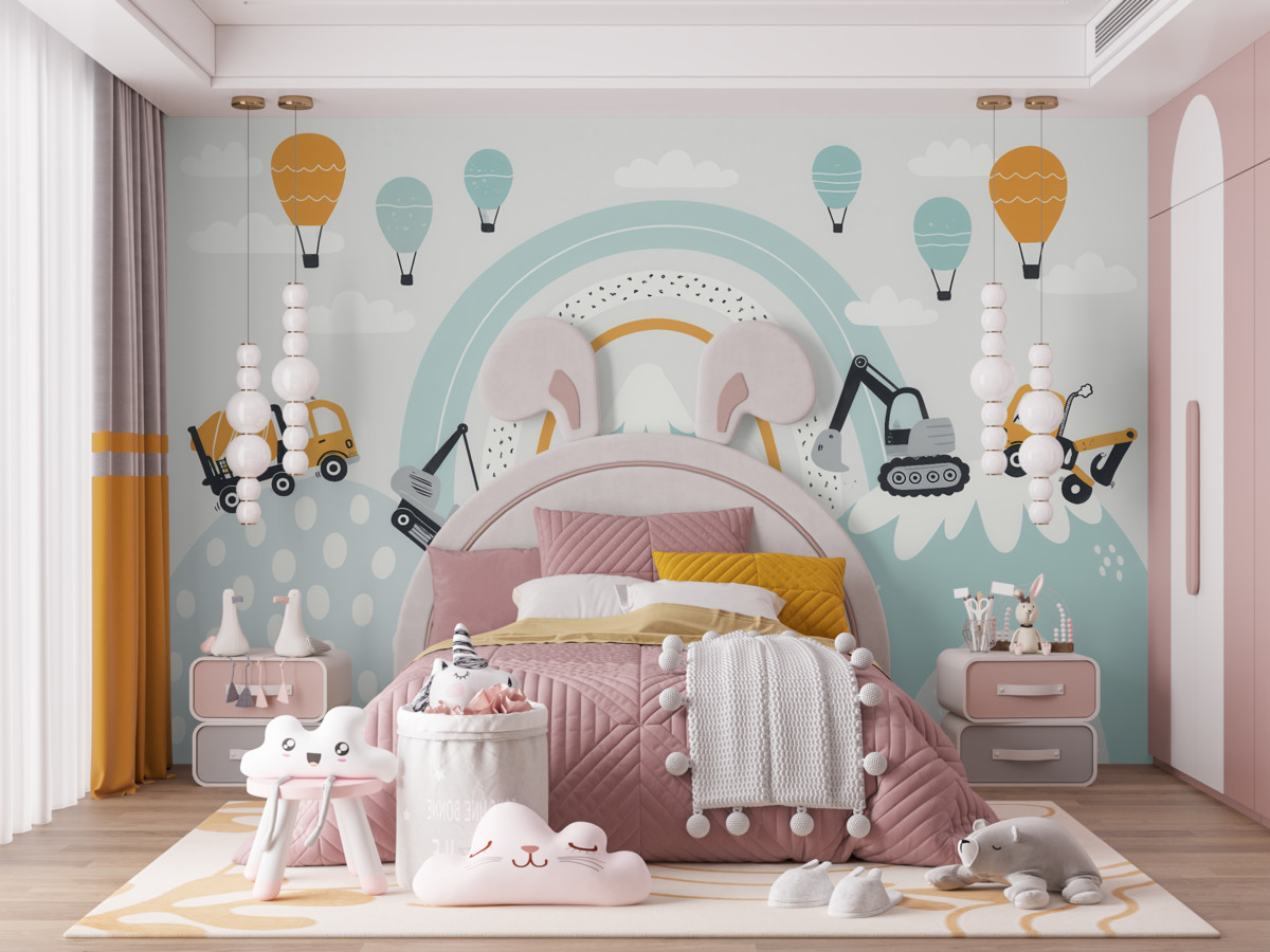 Fototapeta Pojazdy budowlane, pejzaż górski, balony oraz chmury w stylu nordyckim.