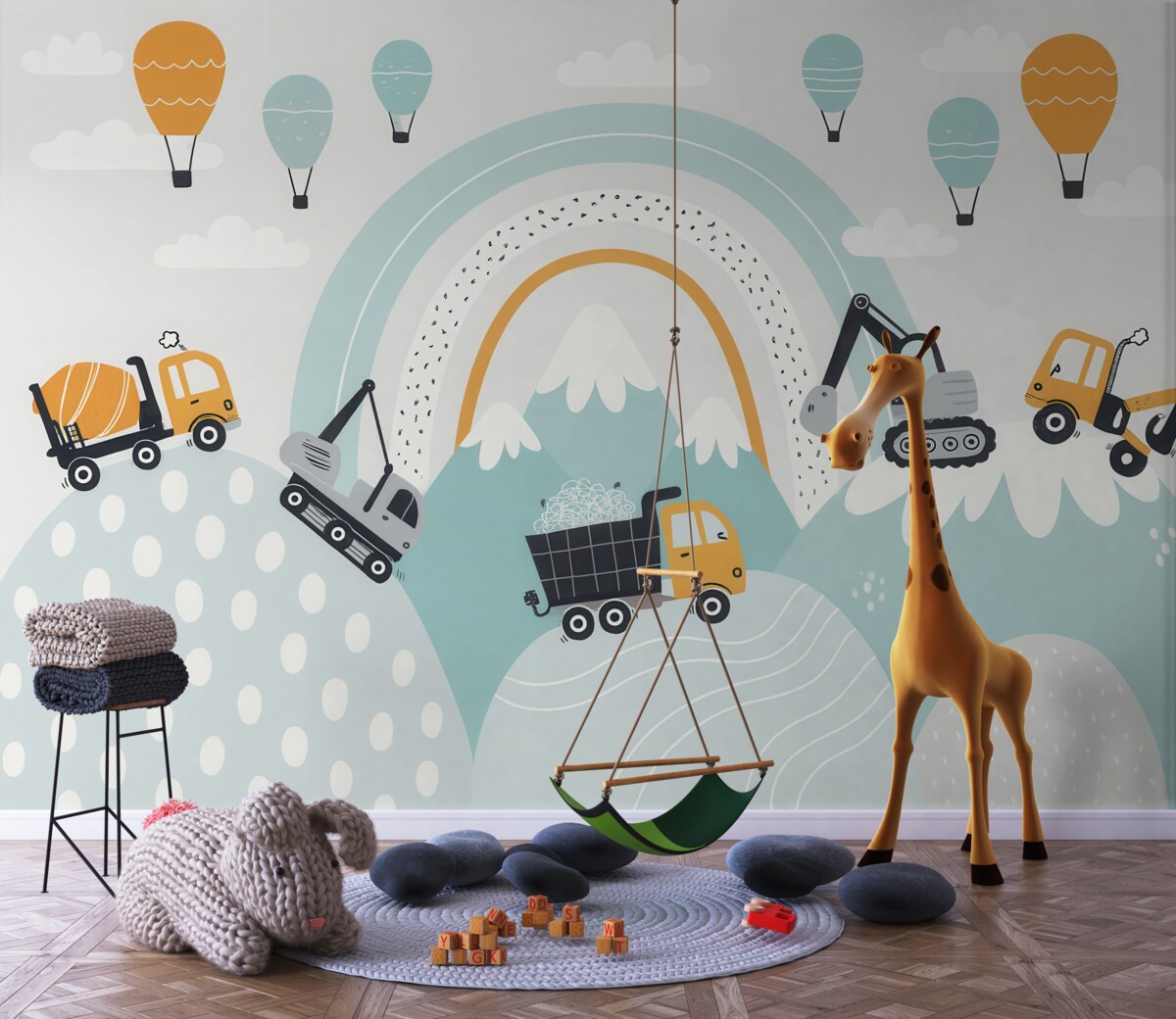 Fototapeta Pojazdy budowlane, pejzaż górski, balony oraz chmury w stylu nordyckim.