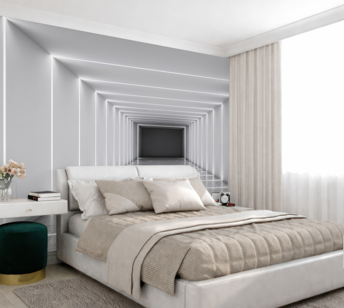 Fototapeta Biały korytarz z wypolerowaną betonową posadzką.