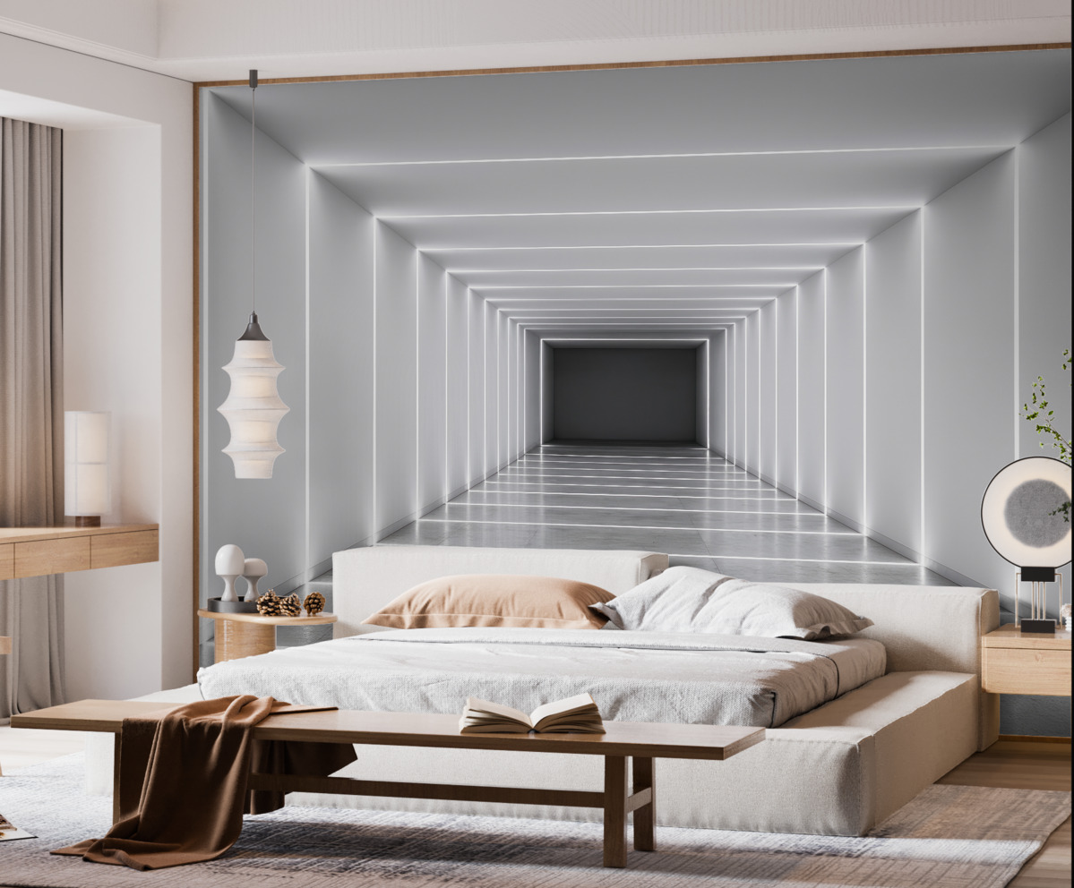 Fototapeta Biały korytarz z wypolerowaną betonową posadzką.