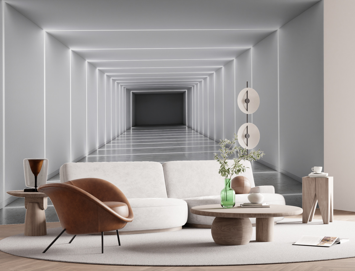 Fototapeta Biały korytarz z wypolerowaną betonową posadzką.