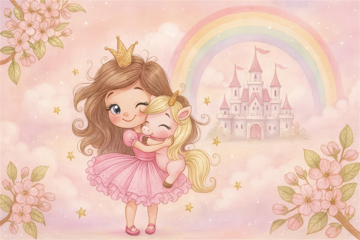 Fototapeta Księżniczka oraz jednorożec w obrębie zamku z tęczą.