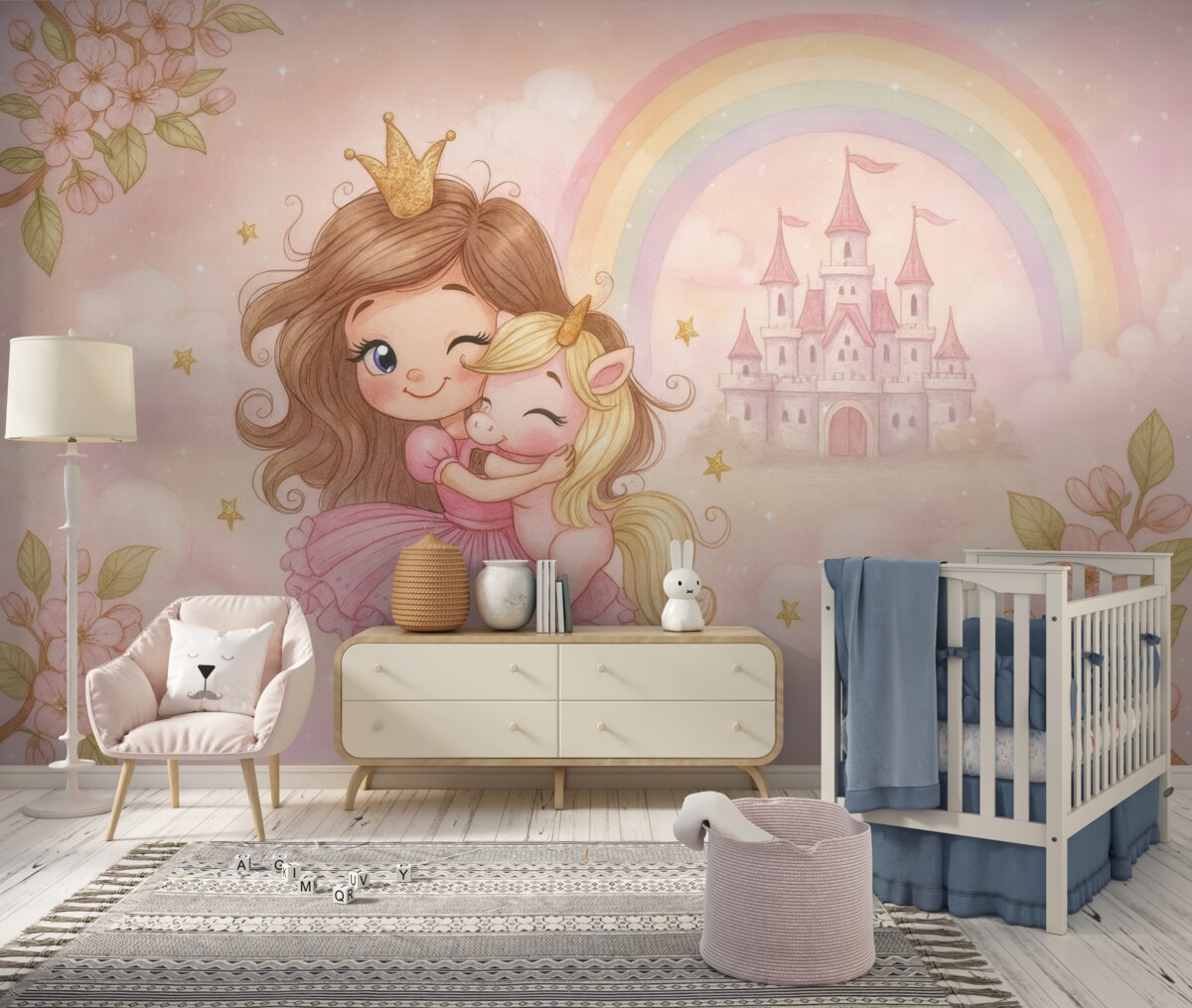 Fototapeta Księżniczka oraz jednorożec w obrębie zamku z tęczą.