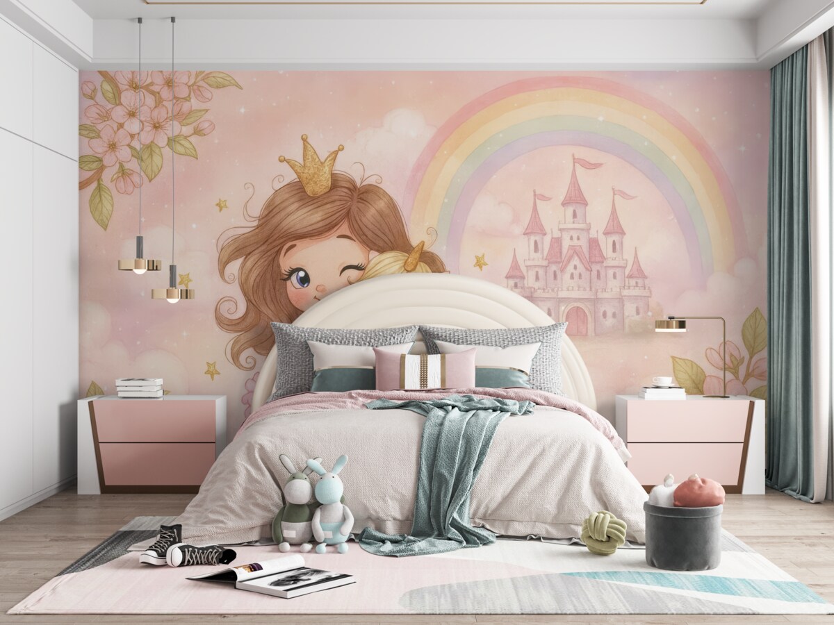 Fototapeta Księżniczka oraz jednorożec w obrębie zamku z tęczą.