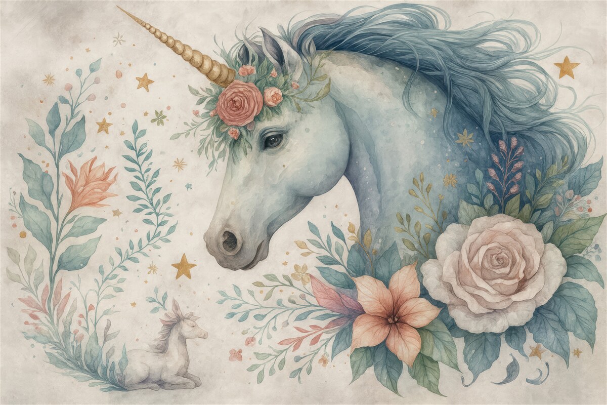 Fototapeta Jednorożec wśród kwiatów.