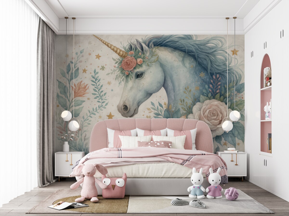 Fototapeta Jednorożec wśród kwiatów.