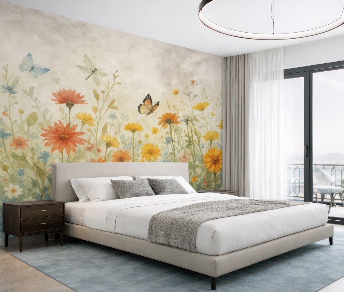 Fototapeta Kwiaty i motyle w akwareli.