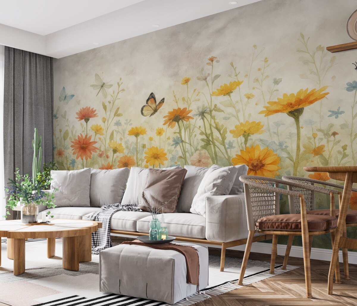 Fototapeta Kwiaty i motyle w akwareli.