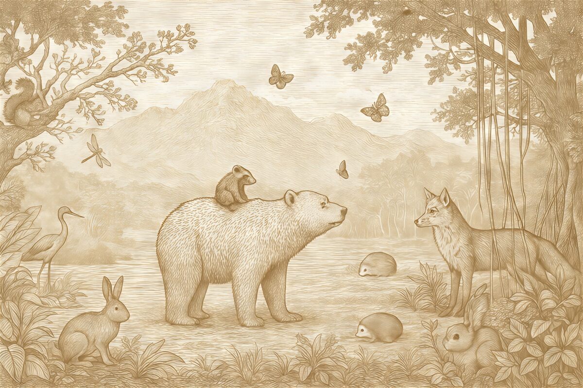 Fototapeta Magią otoczony las z czarującymi zwierzętami.