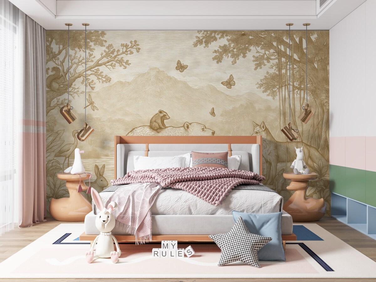 Fototapeta Magią otoczony las z czarującymi zwierzętami.