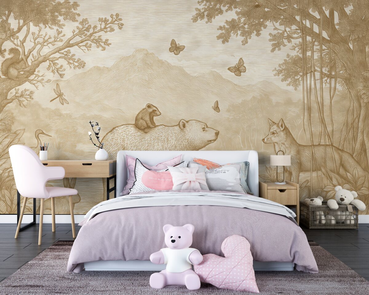 Fototapeta Magią otoczony las z czarującymi zwierzętami.