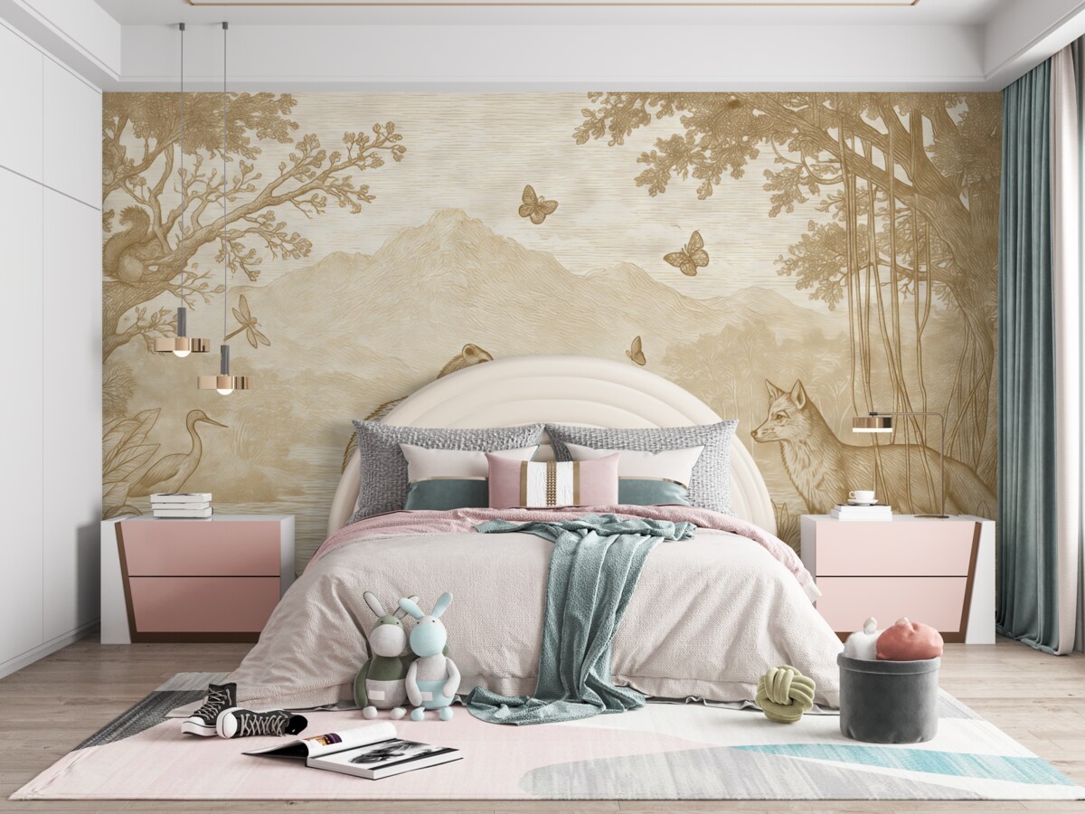 Fototapeta Magią otoczony las z czarującymi zwierzętami.