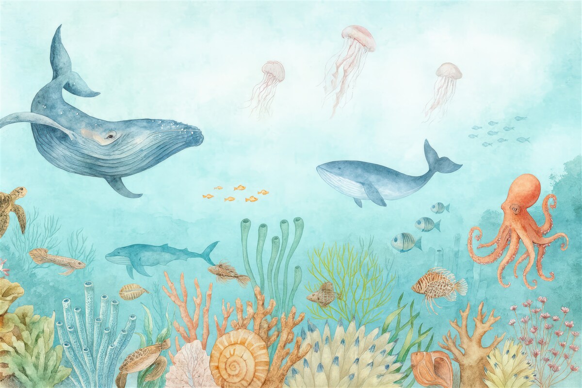 Fototapeta Oceaniczny świat, ogromne walenie, ryby oraz żółwie.