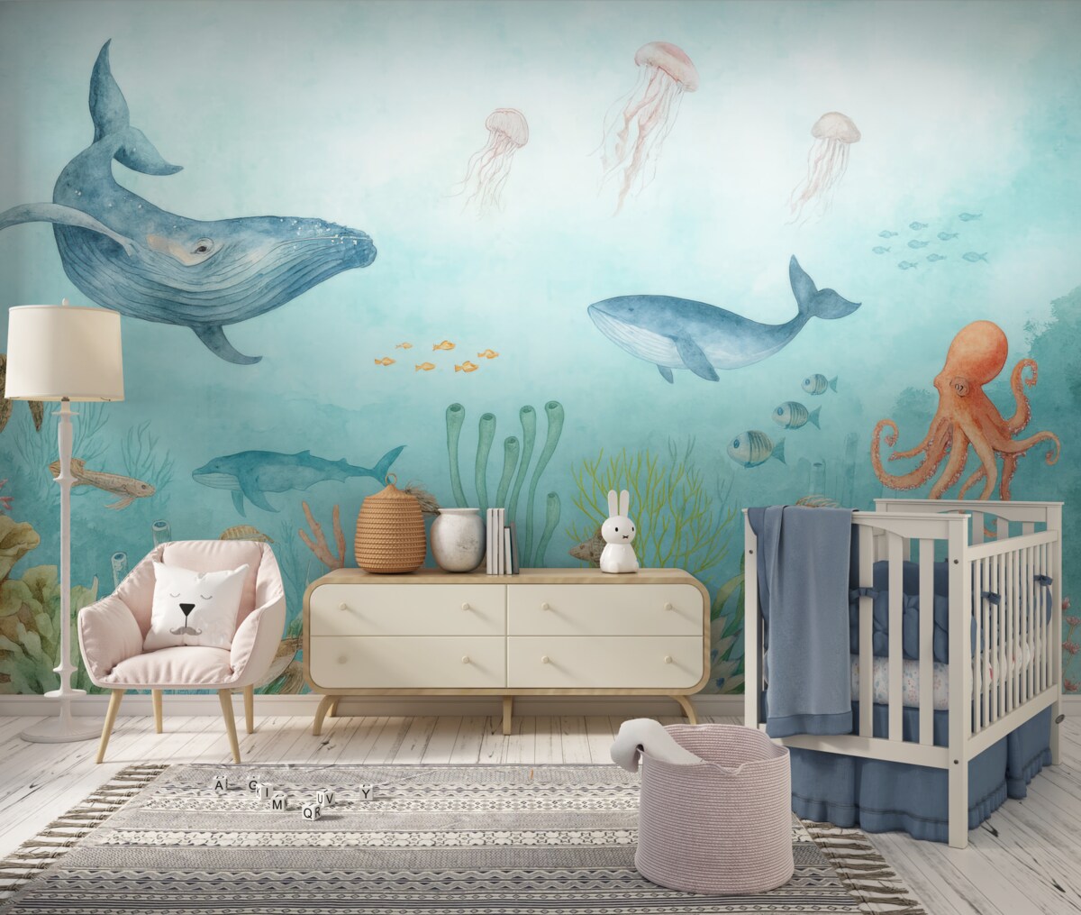 Fototapeta Oceaniczny świat, ogromne walenie, ryby oraz żółwie.