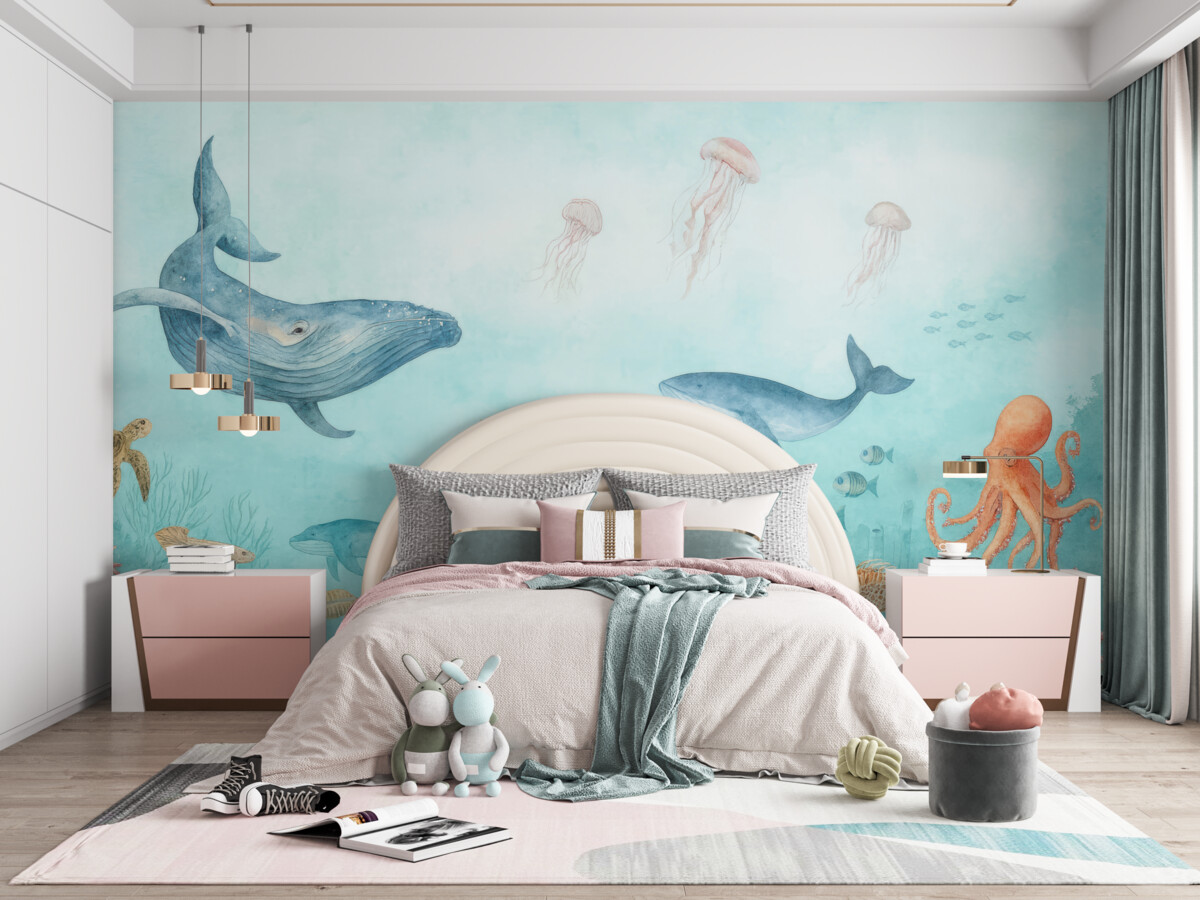 Fototapeta Oceaniczny świat, ogromne walenie, ryby oraz żółwie.