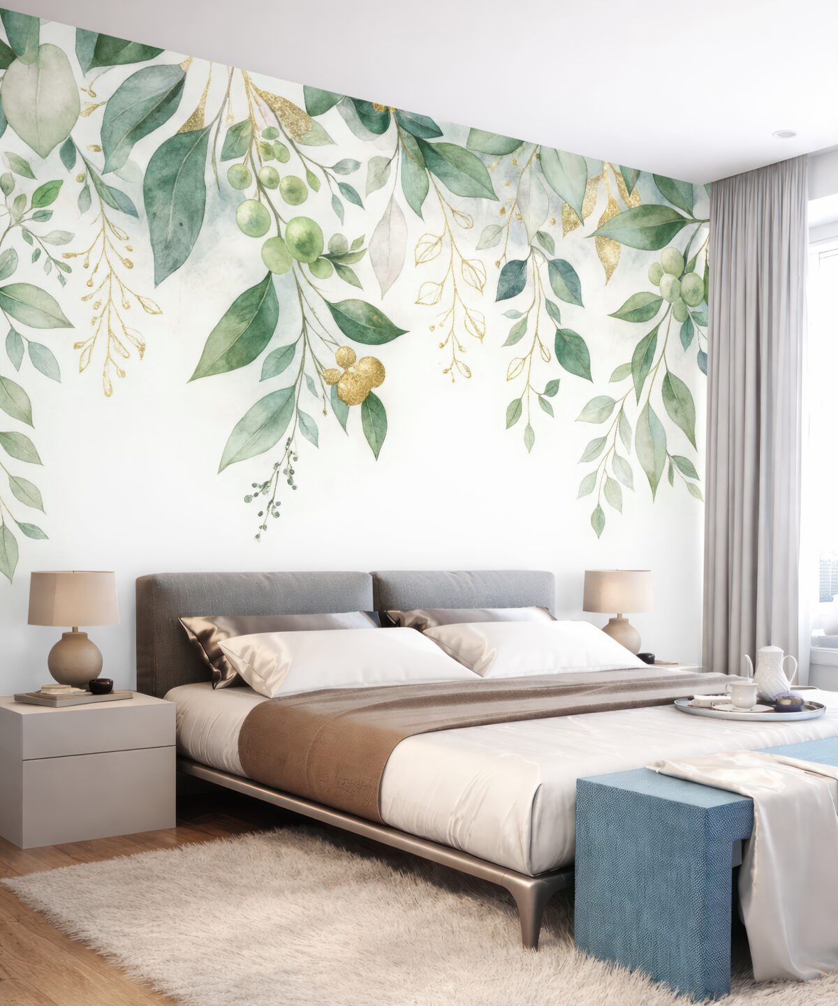 Fototapeta Zawieszone liście eukaliptusa na jasnym tle.