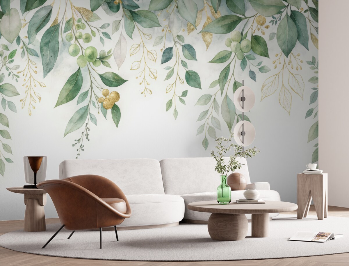 Fototapeta Zawieszone liście eukaliptusa na jasnym tle.