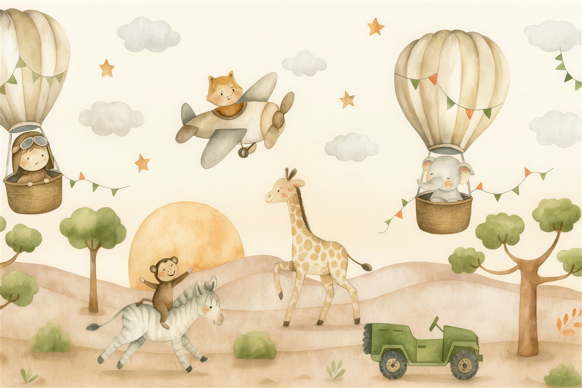 Fototapeta Rysunek akwarelą z zwierzętami, balonami, samolotem oraz autem.