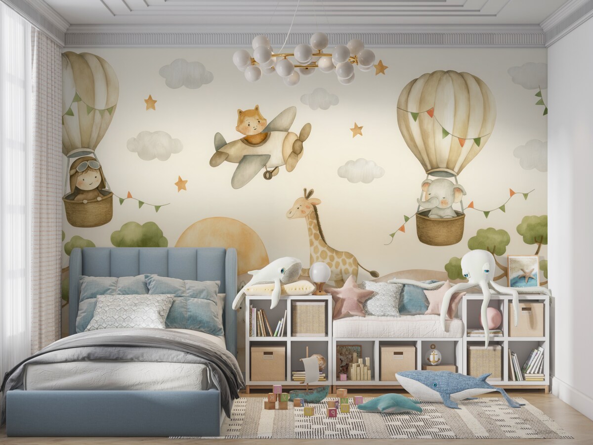 Fototapeta Rysunek akwarelą z zwierzętami, balonami, samolotem oraz autem.