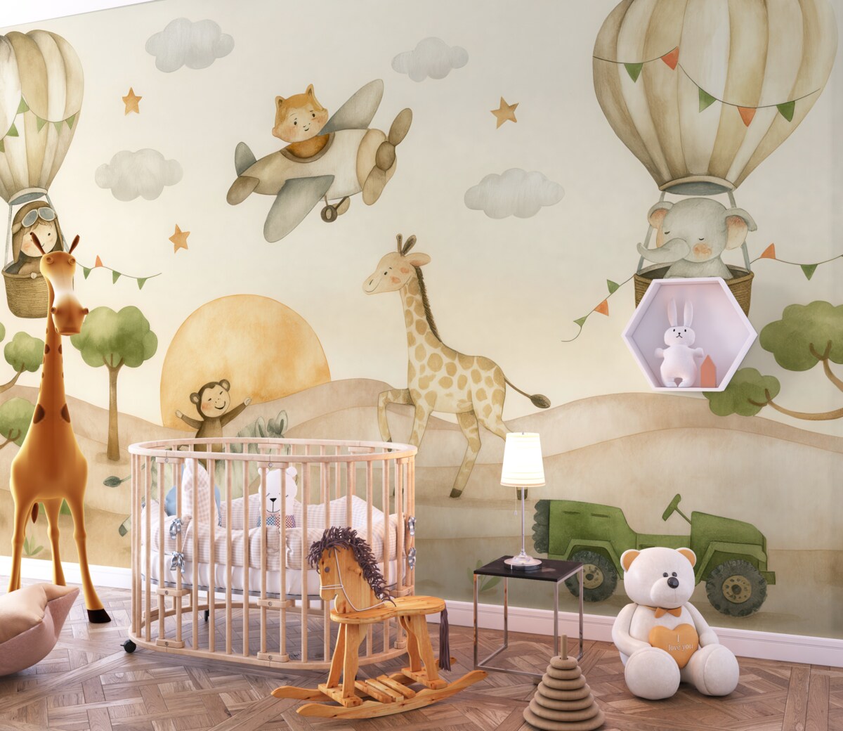 Fototapeta Rysunek akwarelą z zwierzętami, balonami, samolotem oraz autem.