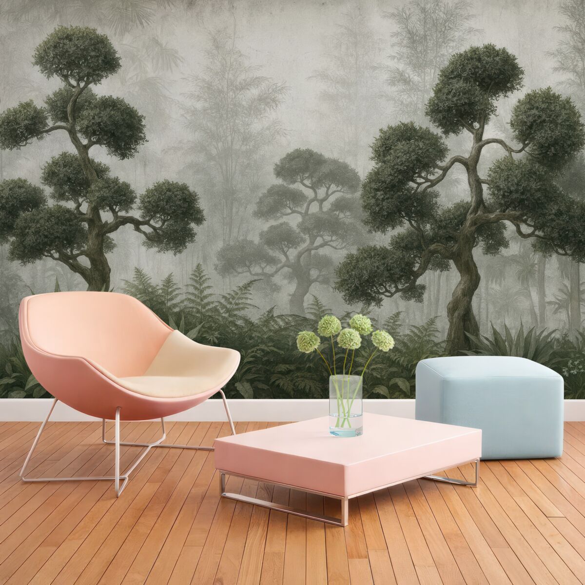 Fototapeta Tropikalne drzewa oraz liście w mglistym lesie.