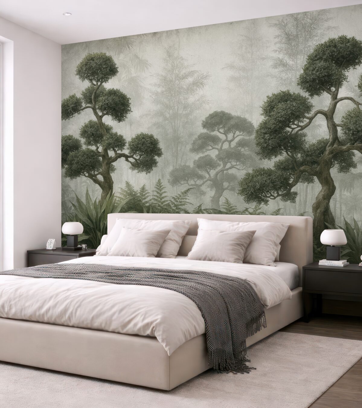 Fototapeta Tropikalne drzewa oraz liście w mglistym lesie.