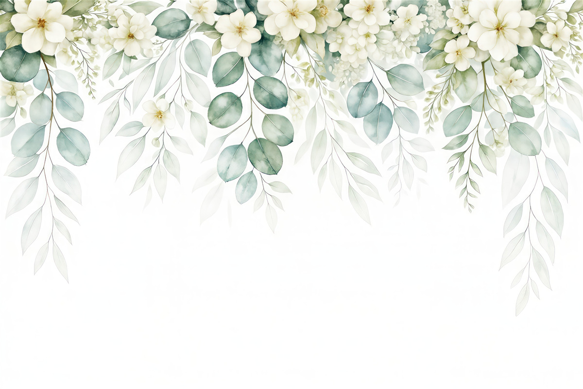 Fototapeta Obrazek z zielonymi liśćmi, białymi kwiatami, peonią i gałązkami.