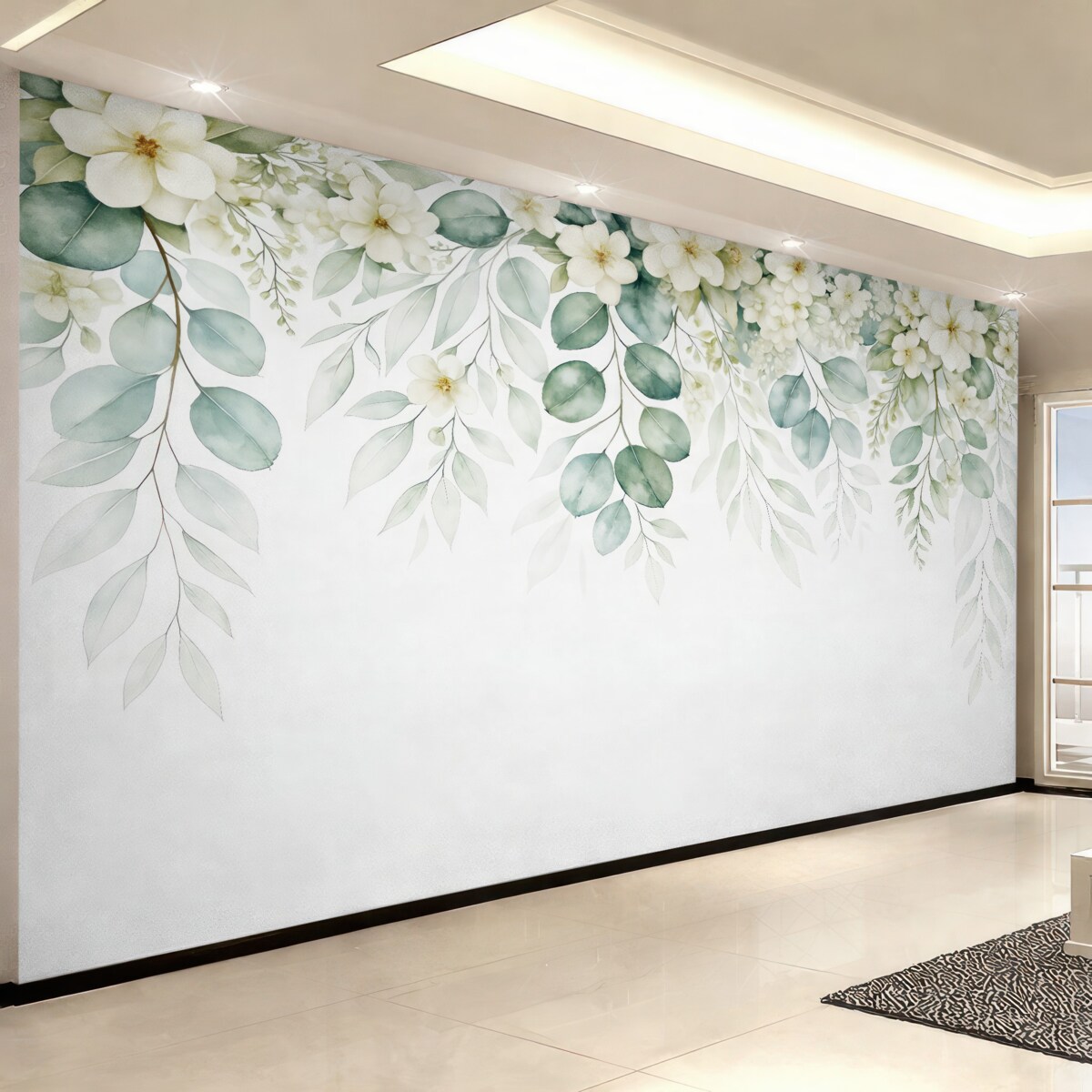 Fototapeta Obrazek z zielonymi liśćmi, białymi kwiatami, peonią i gałązkami.