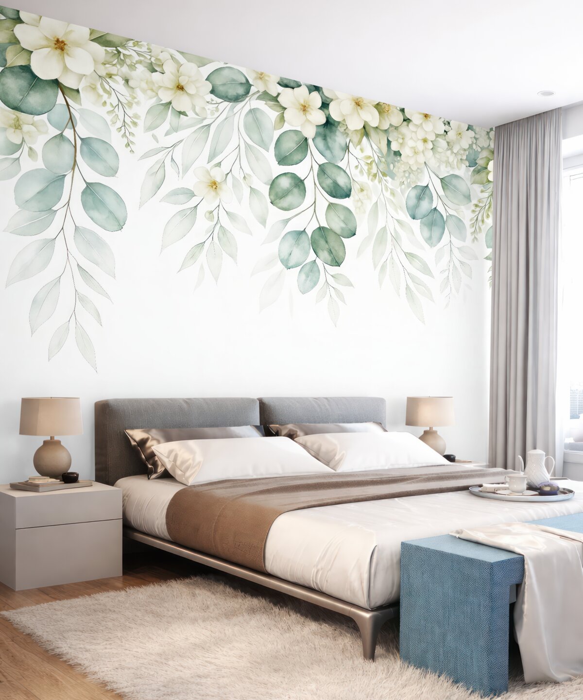 Fototapeta Obrazek z zielonymi liśćmi, białymi kwiatami, peonią i gałązkami.