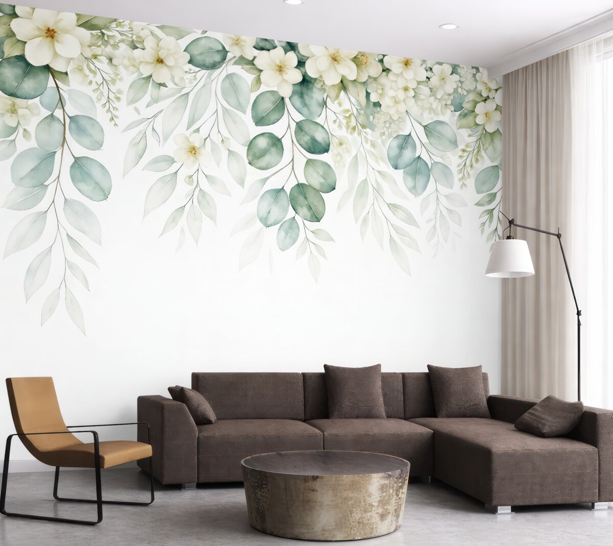 Fototapeta Obrazek z zielonymi liśćmi, białymi kwiatami, peonią i gałązkami.