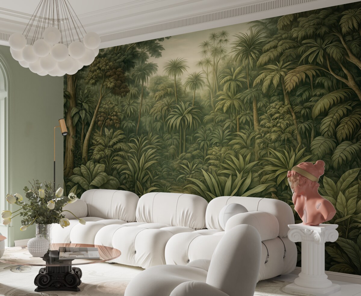 Fototapeta Urokliwa abstrakcyjna zielona dżungla z tropikalnymi liśćmi.