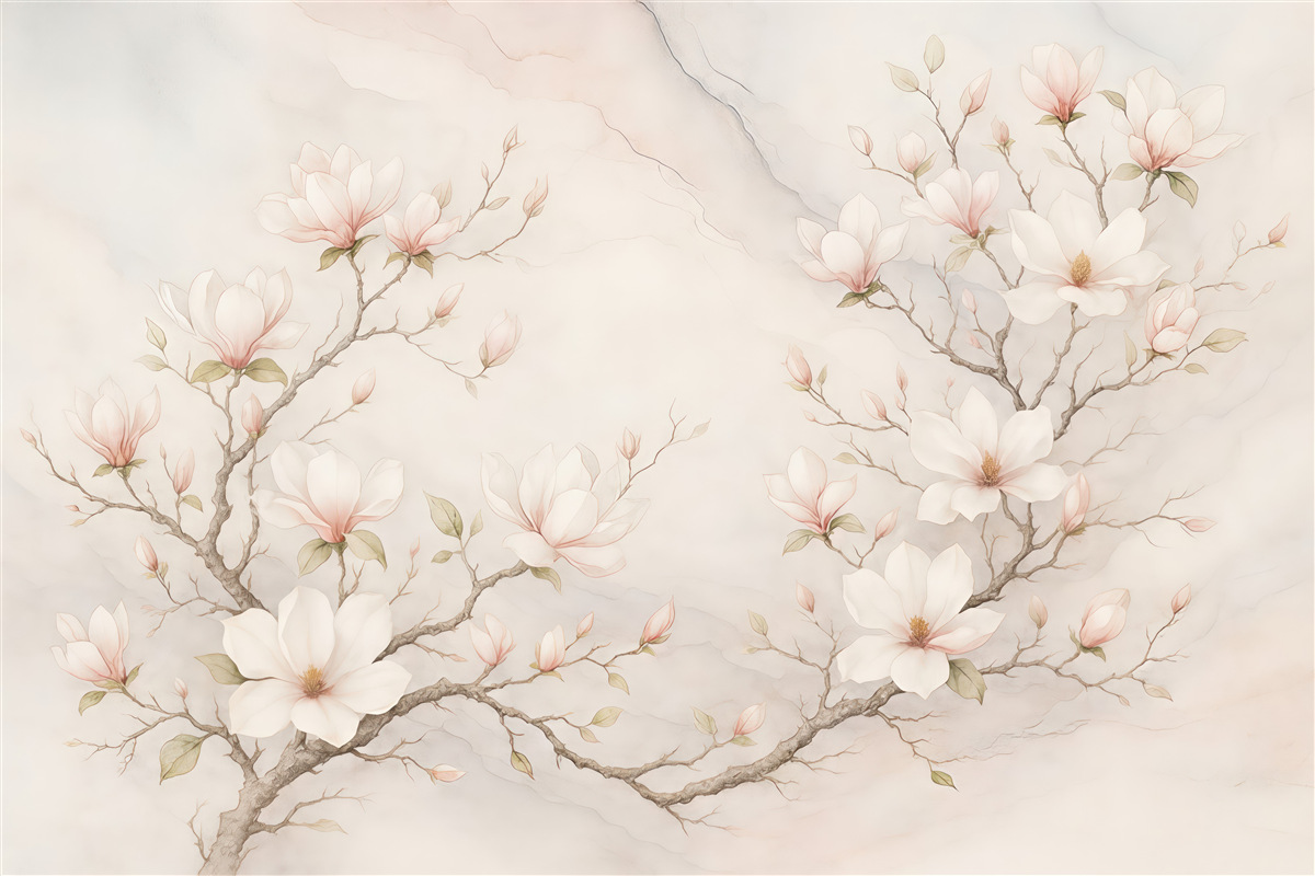 Fototapeta Kwitnące drzewa magnolii na marmurowym tle.